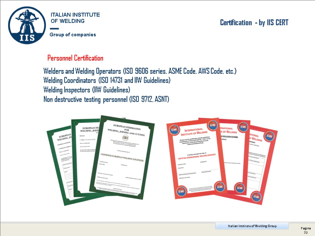 Certification - by IIS CERT Personnel Certification Welders and Welding Operators (ISO 9606 series,